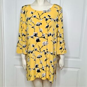 CLARA SUN WOO Yellow, Black & Gray Floral 3/4 Tie Split 3/4 Length Sleeve Tunic